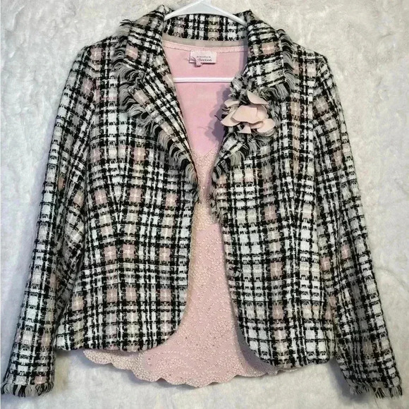Pastel Pink Black Plaid Beaded Pearl Office Blazer Blouse Floral Dress Barn Med. - Picture 3 of 12